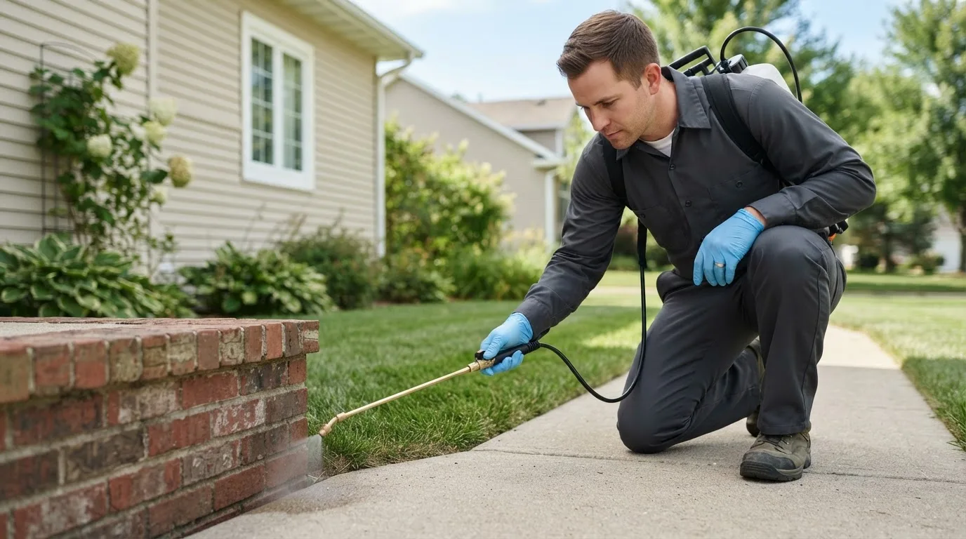 Pest control technician treating a home near Thompson, IA
