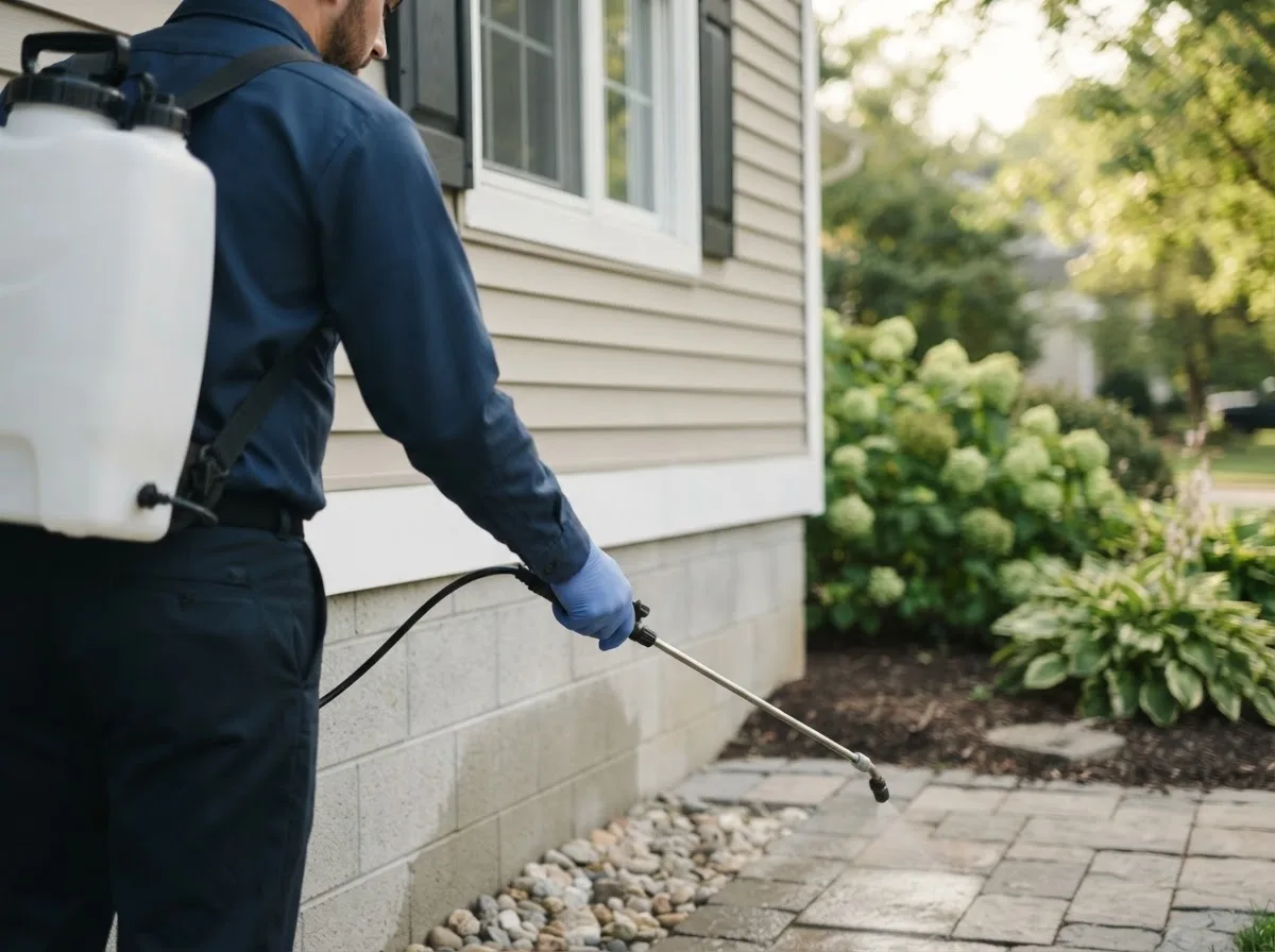 Pest control technician inspecting a home in Thompson, IA